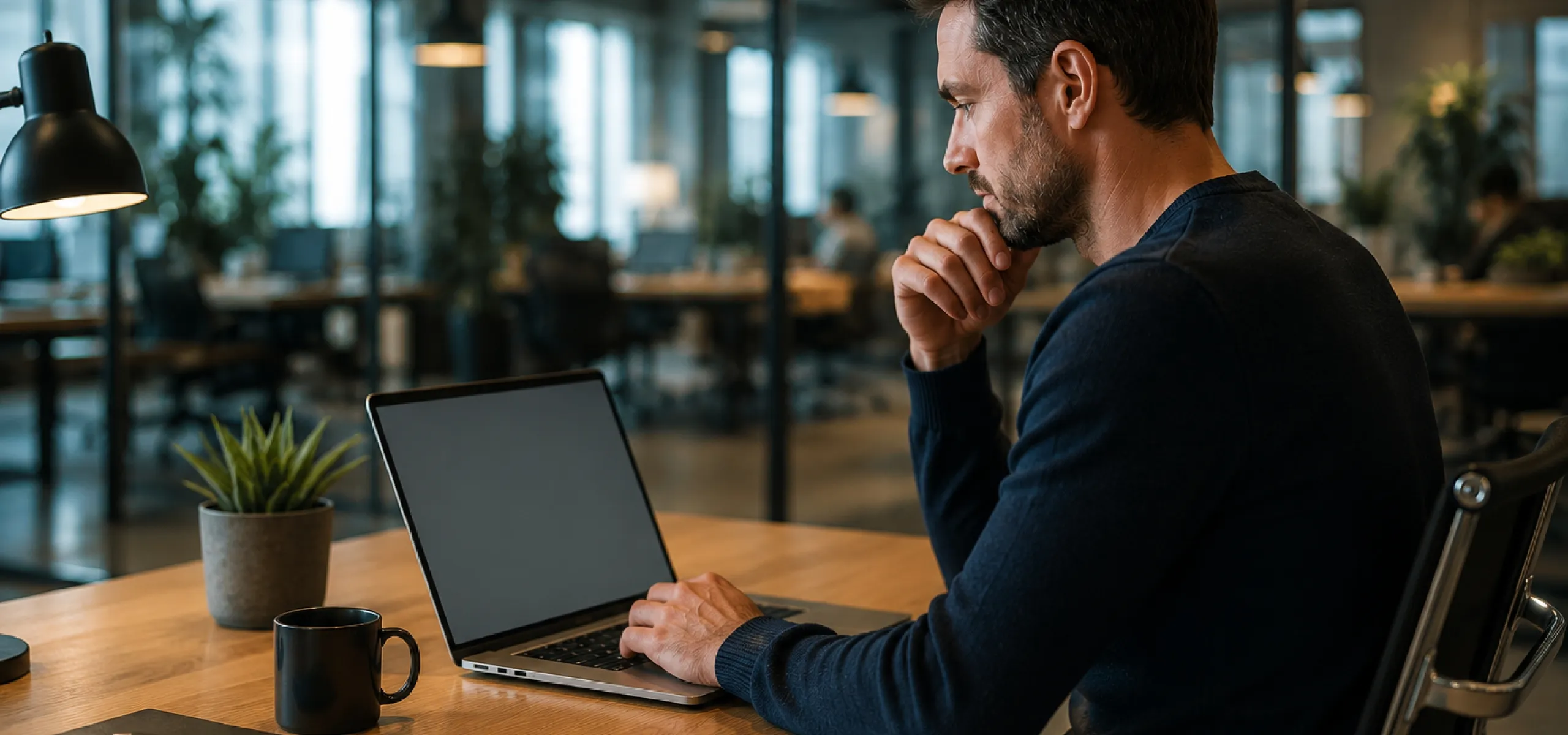 Un professionnel concentré devant son ordinateur portable dans un bureau moderne